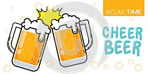 Vector of two glass of beer clinking for celebration party with text relax time, cheer beer.