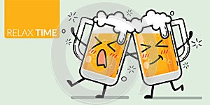 Vector of two glass of beer with funny face for drunk emotion with text relax time.