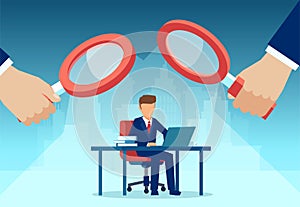 Vector of two managers with magnifying glass watching over at employee working on computer