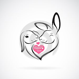 Vector of two rabbit head design and heart on white background. Wild Animals. Rabbit logo or icon. Happy in love. Expression of