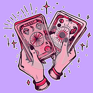 Vector of two women\'s hands holding tarot cards. Fortune teller practicing occult and wiccan ritual spells