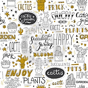 Vector typographical seamless pattern with succulents, cactuses, modern lettering phrases and golden elements