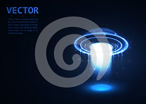 Vector UFO. Light in dark. Blue glowing. Space. Abstract alien background.