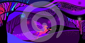 Vector Ultra violet landscape with mythology Pegasus in orange and pink. Ð¡omposition with space cloudy sky, field and trees.