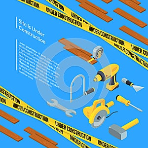 Vector under construction tools isometric icons on blue