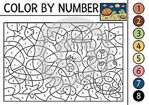Vector under the sea color by number activity with turtle and baby. Ocean life scene. Black and white counting game with water