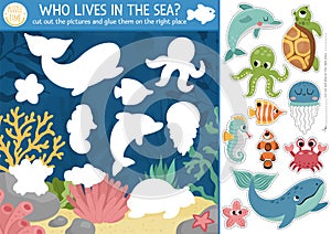 Vector under the sea cut and glue activity. Crafting game with cute water landscape, whale, dolphin. Fun ocean life printable