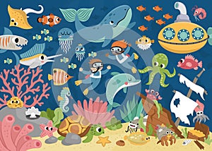 Vector under the sea landscape illustration. Ocean life scene with animals, dolphin, whale, submarine, divers, wrecked ship. Cute