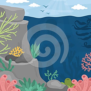 Vector under the sea landscape illustration. Ocean life scene with reef, seaweeds, stones, corals, fish, rocks. Cute square water