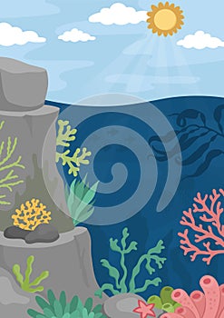 Vector under the sea landscape illustration. Ocean life scene with reef, seaweeds, stones, corals, fish, rocks. Cute vertical