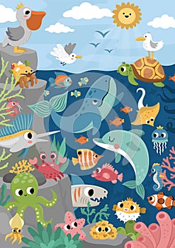 Vector under the sea landscape illustration with rock slope. Ocean life scene with animals, dolphin, whale, shark, seagull,