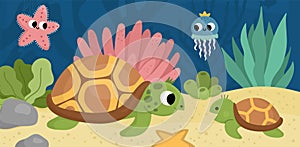 Vector under the sea landscape illustration with tortoise and baby. Ocean life scene with sand, seaweeds, corals, reefs. Cute