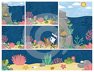 Vector under the sea landscapes set. Ocean life scenes collection with sand, seaweeds, stones, corals, reefs. Cute horizontal,