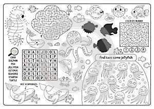 Vector under the sea placemat. Ocean life line printable activity mat with maze, word search puzzle, shadow match, find difference