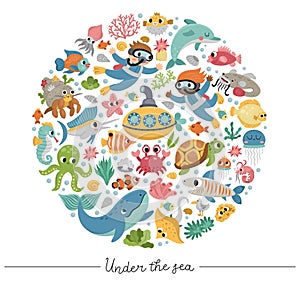 Vector under the sea round frame with divers, submarine, animals, weeds. Ocean card template design for banners, invitations. Cute