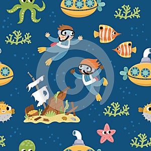 Vector under the sea seamless pattern. Repeat background with cute fish, seaweeds, divers, submarine. Ocean life digital paper.