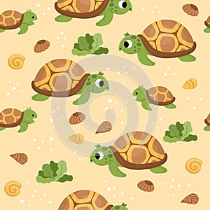 Vector under the sea seamless pattern. Repeat background with tortoise and its baby. Ocean life digital paper. Funny water animals