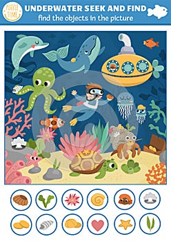 Vector under the sea searching game with sea landscape, submarine, diver. Spot hidden objects in the picture. Simple ocean life