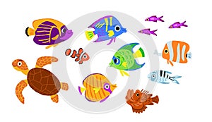 Vector under the sea set. Ocean collection with seaweeds, fish, divers, submarine. Cartoon water animals and weeds for