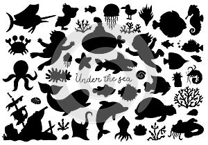 Vector under the sea silhouettes set. Ocean black icons collection with funny seaweeds, fish, divers, submarine. Cute water