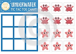 Vector under the sea tic tac toe chart with crab and starfish. Ocean life board game playing field with cute characters. Funny