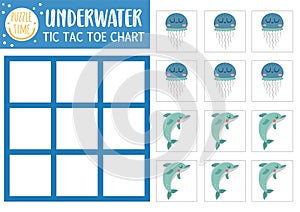 Vector under the sea tic tac toe chart with dolphin and jellyfish. Ocean life board game playing field with cute characters. Funny
