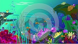 Vector Undersea world with fish. Different seaweeds and a big pearl