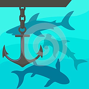Vector underwater illustration with sharks and anchor of the ship.