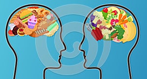 Vector Unhealthy junk food and healthy diet comparison. Food brain modern concept.