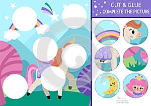 Vector unicorn cut and glue activity. Fairytale crafting game with cute fairy, magic forest landscape. Fill up the scene with