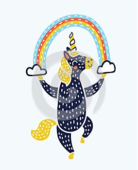 Vector unicorn dance with rainbow