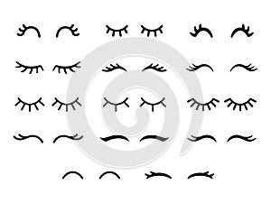 Vector unicorn eyelashes. Cartoon animal eyes. Closed woman eyes. Icon set.