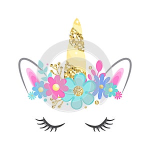 Vector unicorn face with closed eyes and flowers. Gold glitter horn