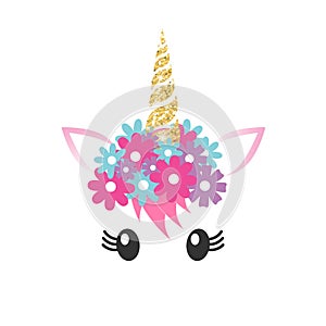 Vector unicorn face with gold horn and flowers