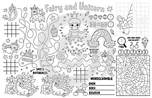 Vector unicorn placemat for kids. Fairytale printable activity mat with maze, tic tac toe chart, connect the dots, find difference