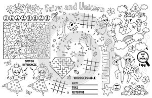 Vector unicorn placemat for kids. Fairytale printable activity mat with maze, tic tac toe chart, connect the dots, find difference