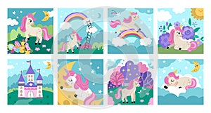 Vector unicorn scenes set. Square backgrounds collection with little horse. Fantasy world illustrations with rainbow, castle,