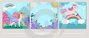 Vector unicorn scenes set. Square backgrounds collection with little horse. Fantasy world illustrations with rainbow, fairy