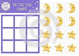 Vector unicorn tic tac toe chart with cute half-moon and star. Magic, fantasy world or night sky board game playing field.