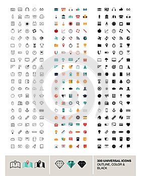 300 vector universal icons made in outline, color and black
