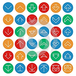 Vector up and down arrows on circle color buttons. Download upload symbols