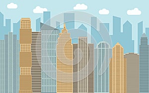 Vector urban landscape illustration. Street view with cityscape, skyscrapers and modern buildings at sunny day.