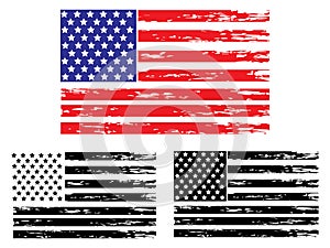 Vector USA grunge flag, painted american symbol of freedom. Set of black and white and colored flags of the united