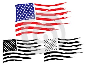 Vector USA grunge flag, painted american symbol of freedom. Set of black and white and colored flags of the united