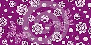 Vector Valentine bicolor seamless pattern with hearts and dotty butterflies photo