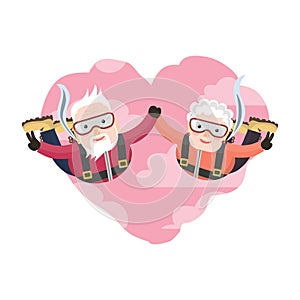 Vector valentine card with cute characters. Lovers old man and woman holding hands. Grandparents skydive.