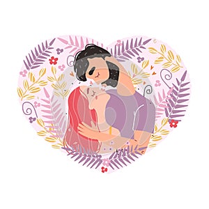 Vector valentine card with cute characters. Romantic couple in love kissing. World kissing Day. Clipart of love.