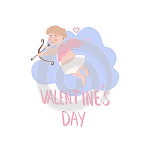 Vector valentine, cupid in love on a blue cloud, angel with wings and bow.