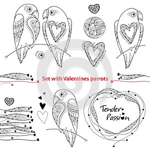 Vector Valentine day set in contour style. Outline couple of parrots in love, ornate hearts and frame isolated on white background