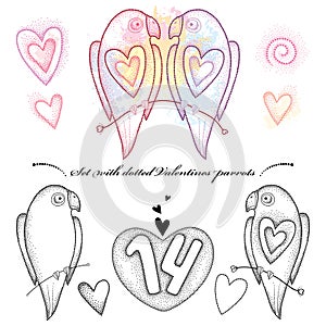 Vector Valentine day set in dotwork style. Dotted couple of parrots in love in black and pastel and hearts isolated on white.